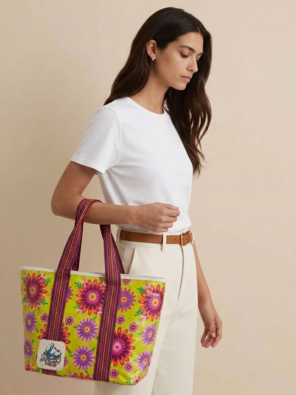 Consuela Neon Yellow Floral Tote with Multicolor Striped Handles